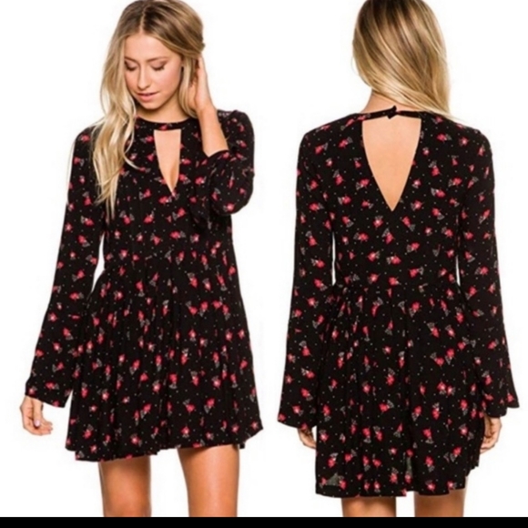 Free People Dresses & Skirts - Free People Tegan Black Floral Mini Dress 2 Black